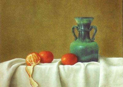 Three Tangerines with Blue Jug